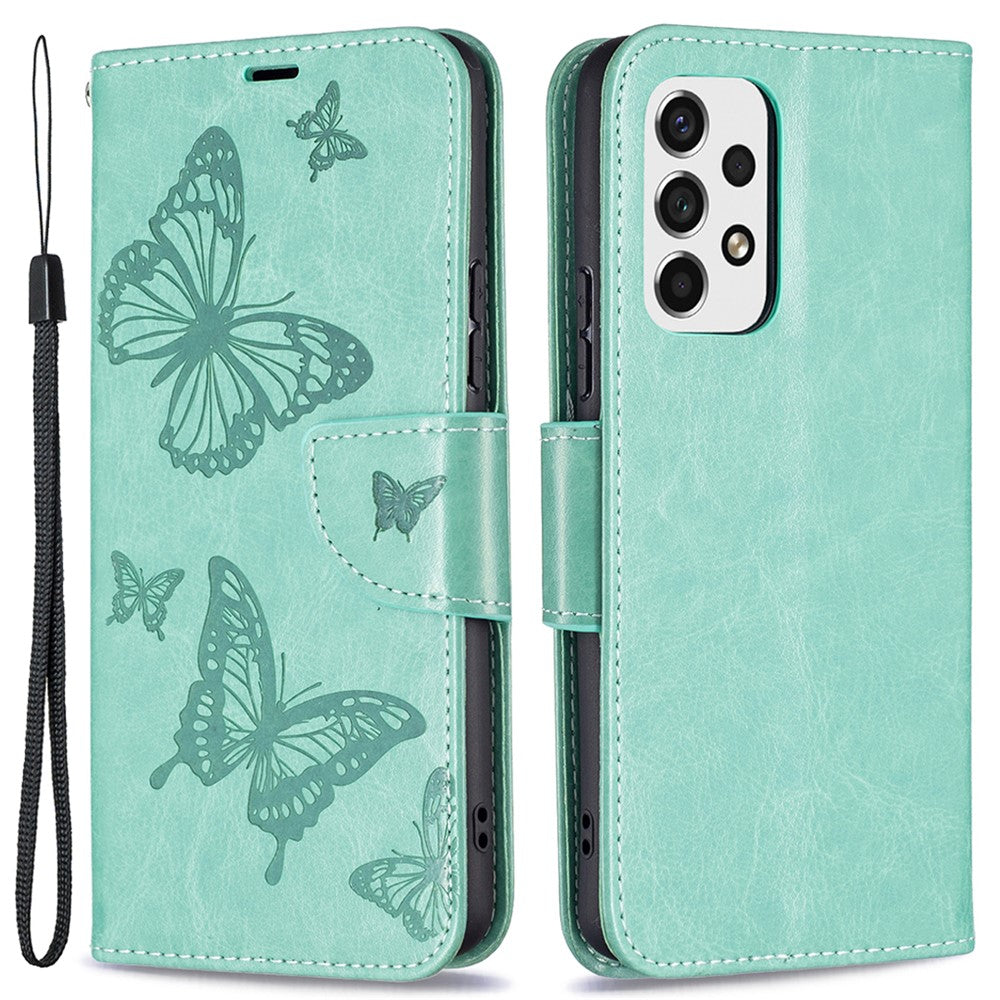 Cover med flere sommerfugleprægede mønstre i PU-læder, flip-pung, stativ og stødsikker beskyttelse med rem til Samsung Galaxy A53 5G