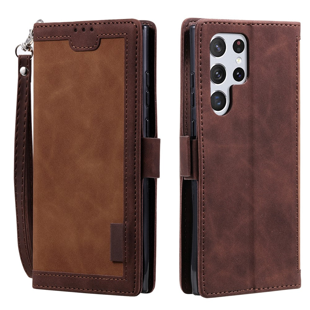 Stand Wallet Design Scratch-resistant Retro Style Color Splicing PU Leather Phone Case with Handy Strap for Samsung Galaxy S22 Ultra 5G