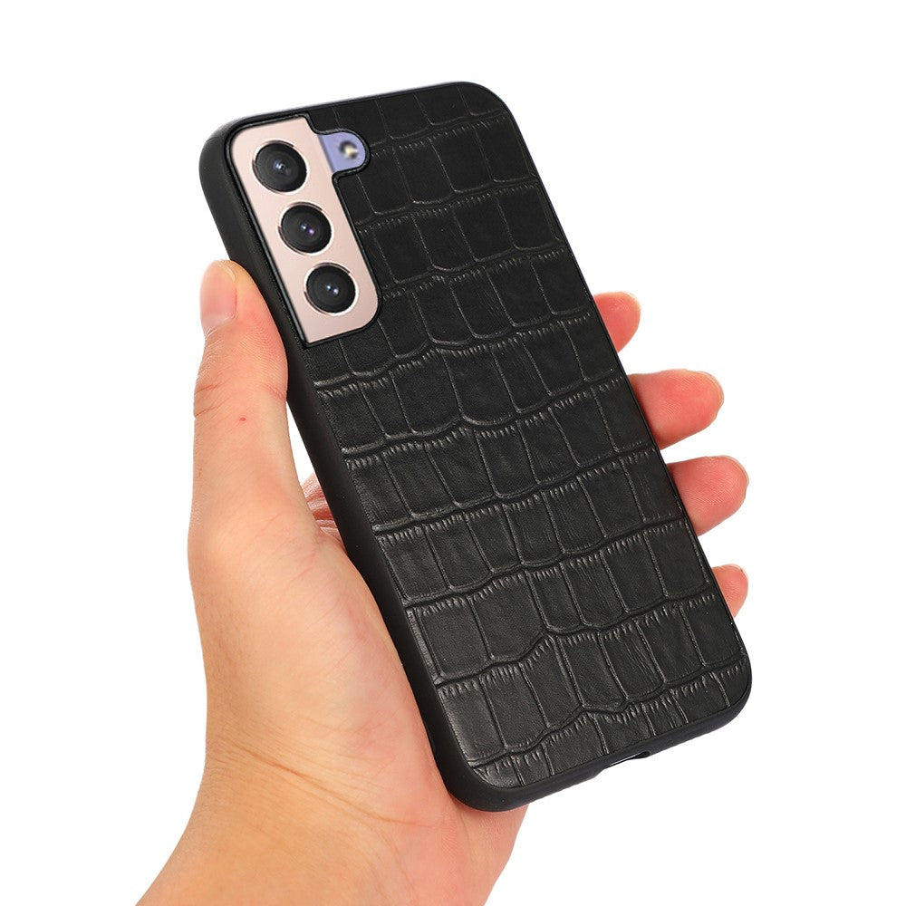 Crocodile Texture Genuine Leather Coating Phone Case PC + TPU Protective Cover for Samsung Galaxy S22 5G