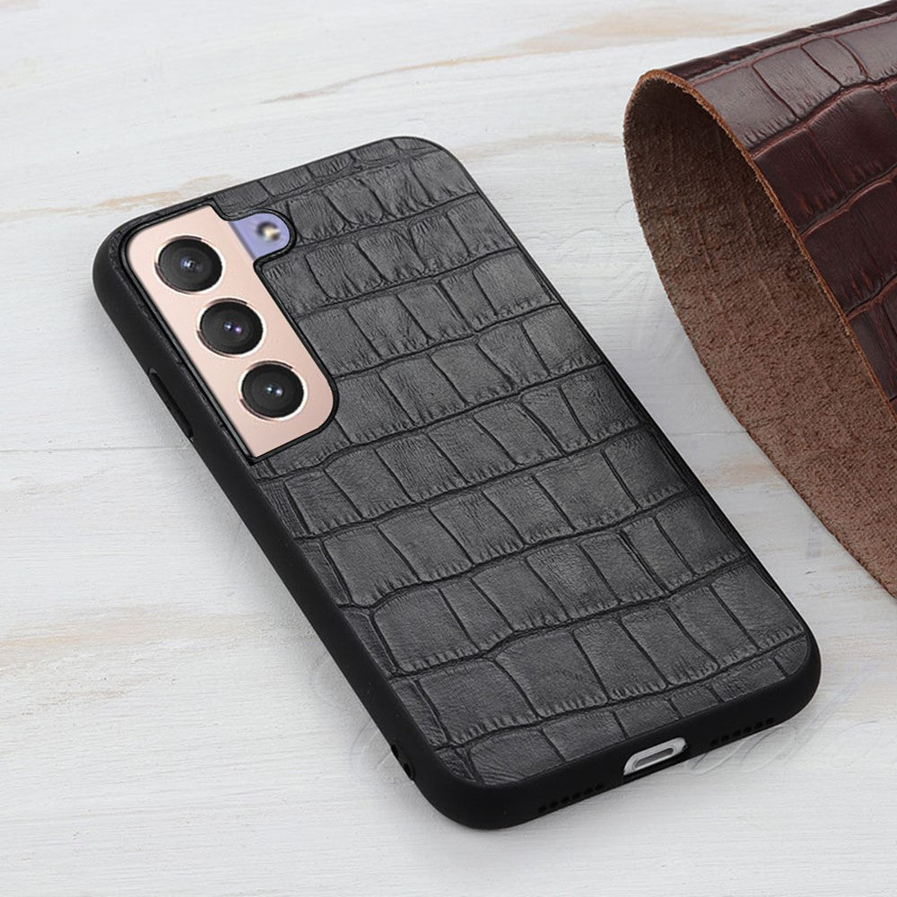 Crocodile Texture Genuine Leather Coating Phone Case PC + TPU Protective Cover for Samsung Galaxy S22 5G