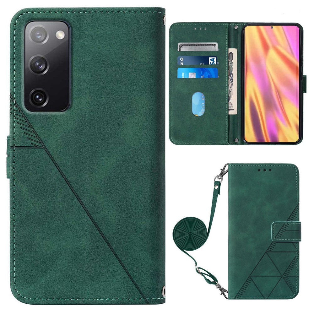 PB2-1 Series Stylish Lines Imprinting Magnetic Clasp Shock-absorption PU Leather + TPU Stand Wallet Phone Cover Case with Shoulder Strap for Samsung Galaxy S20 FE 2022/S20 FE/S20 FE 5G/S20 Lite
