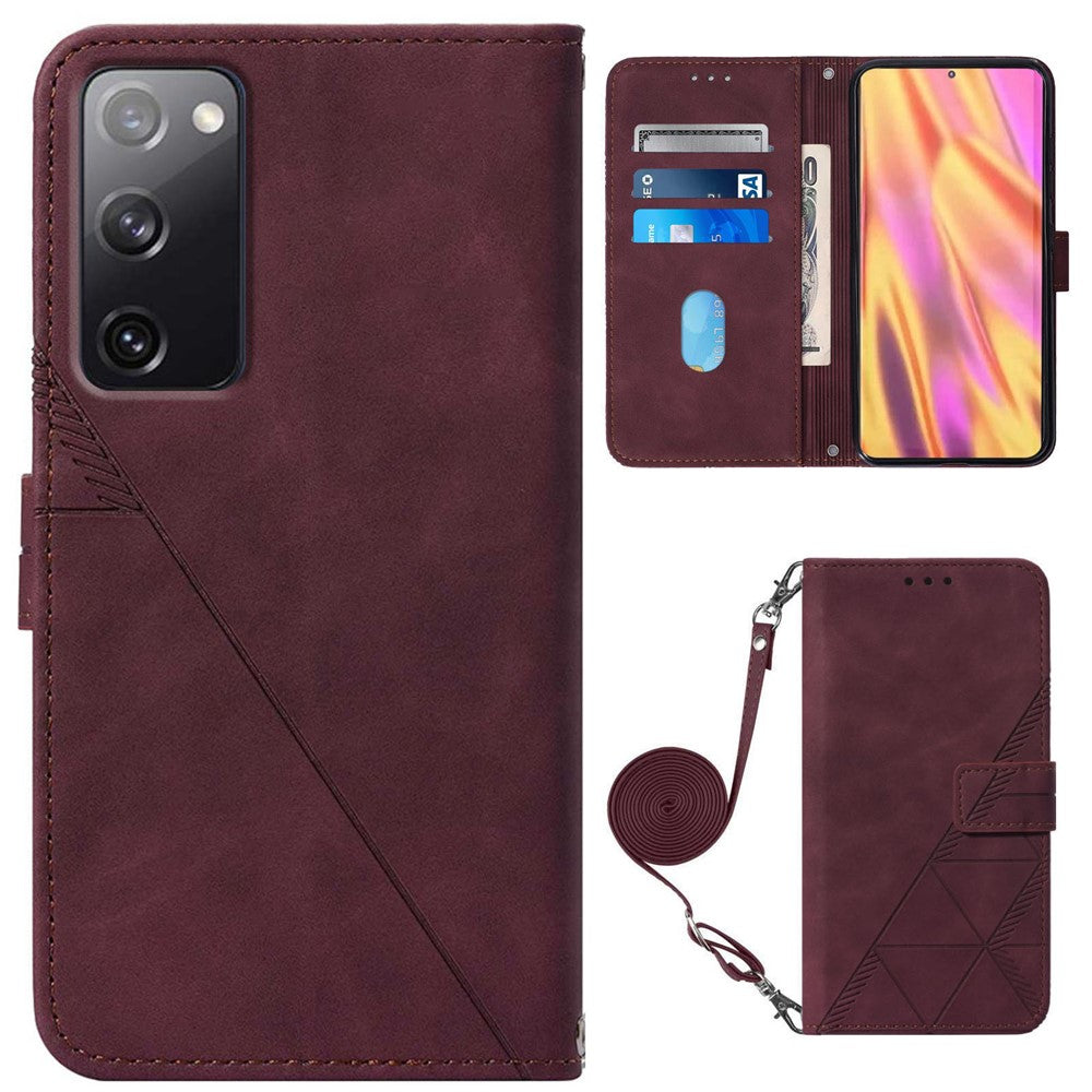 PB2-1 Series Stylish Lines Imprinting Magnetic Clasp Shock-absorption PU Leather + TPU Stand Wallet Phone Cover Case with Shoulder Strap for Samsung Galaxy S20 FE 2022/S20 FE/S20 FE 5G/S20 Lite