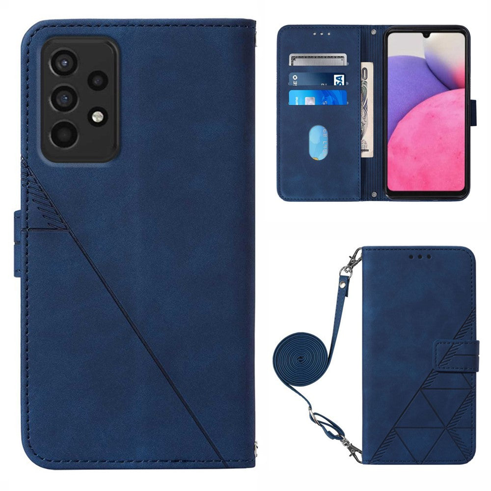 PB2-1 Series Lines Imprinting Magnetic Clasp Folio Flip PU Leather Stand Wallet Phone Cover Case with Shoulder Strap for Samsung Galaxy A33 5G