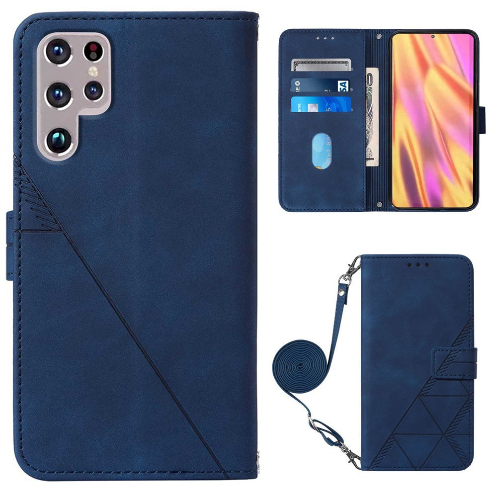 PB2-1 Series Imprinting Lines PU Leather Hands-free Stand Wallet Phone Cover Magnetic Clasp Case with Shoulder Strap for Samsung Galaxy S22 Ultra 5G