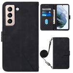 PB2-1-serien Lines Imprinting PU-läder 360-graders skyddande stativ plånboksfodral med axelrem för Samsung Galaxy S22 5G