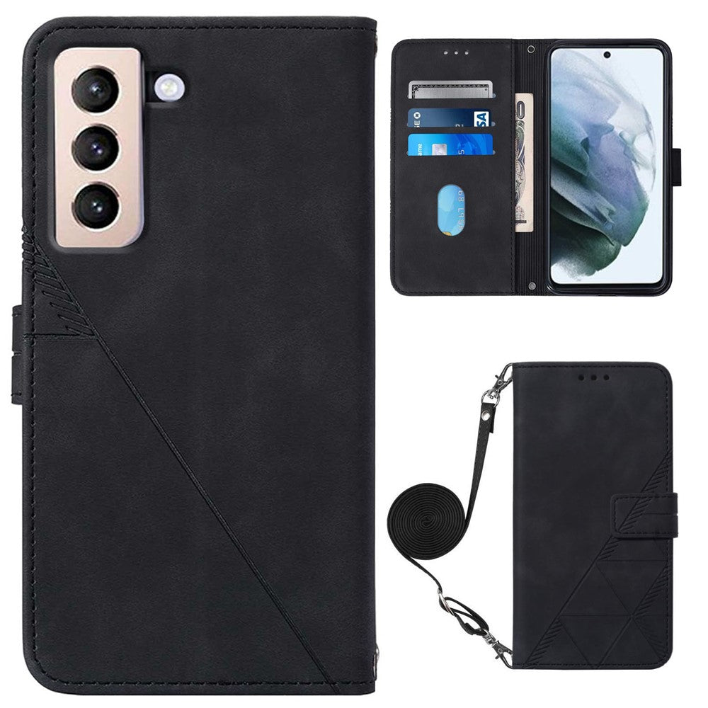 PB2-1-serien Lines Imprinting PU-läder 360-graders skyddande stativ plånboksfodral med axelrem för Samsung Galaxy S22 5G