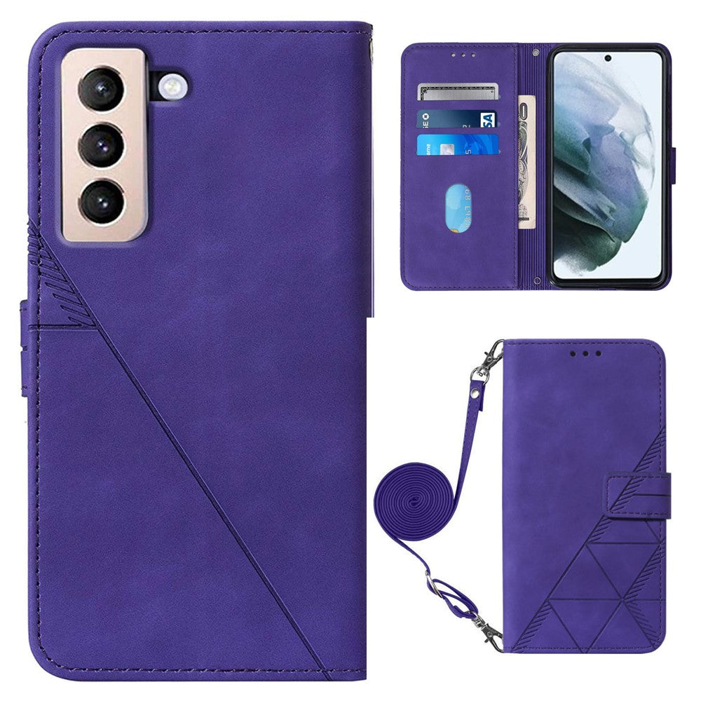 PB2-1-serien Lines Imprinting PU-läder 360-graders skyddande stativ plånboksfodral med axelrem för Samsung Galaxy S22 5G