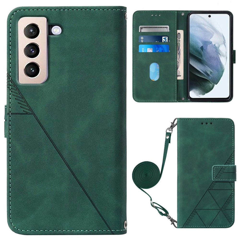 PB2-1-serien Lines Imprinting PU-läder 360-graders skyddande stativ plånboksfodral med axelrem för Samsung Galaxy S22 5G