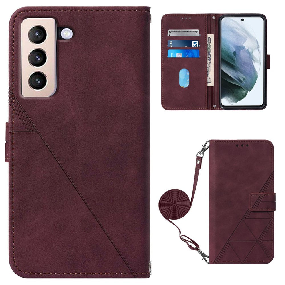 PB2-1-serien Lines Imprinting PU-läder 360-graders skyddande stativ plånboksfodral med axelrem för Samsung Galaxy S22 5G