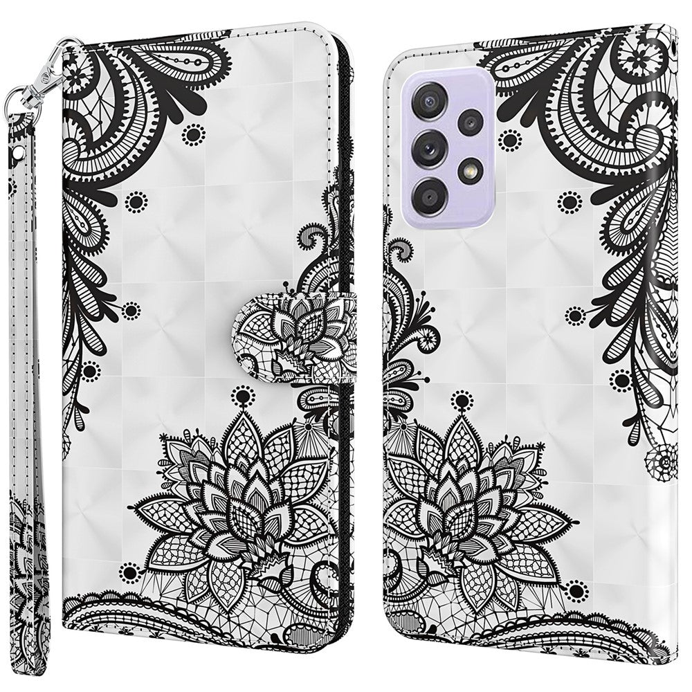 Til Samsung Galaxy A13 4G 3D-mønsterprint Ridsefast telefoncover PU-læder stander telefonbeskytter med pungrem