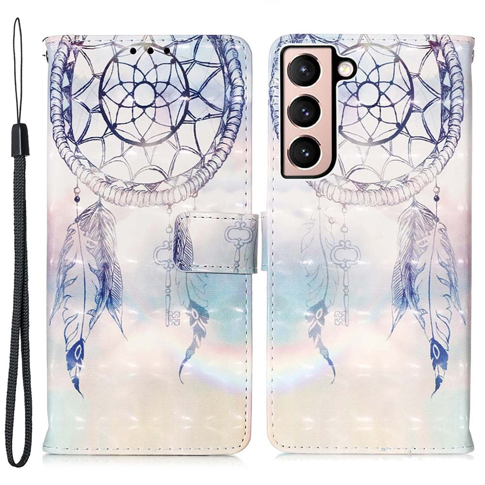 PU Leather Shockproof Phone Cover 3D Pattern Printing Stand Phone Case with Wallet Strap for Samsung Galaxy S22 5G