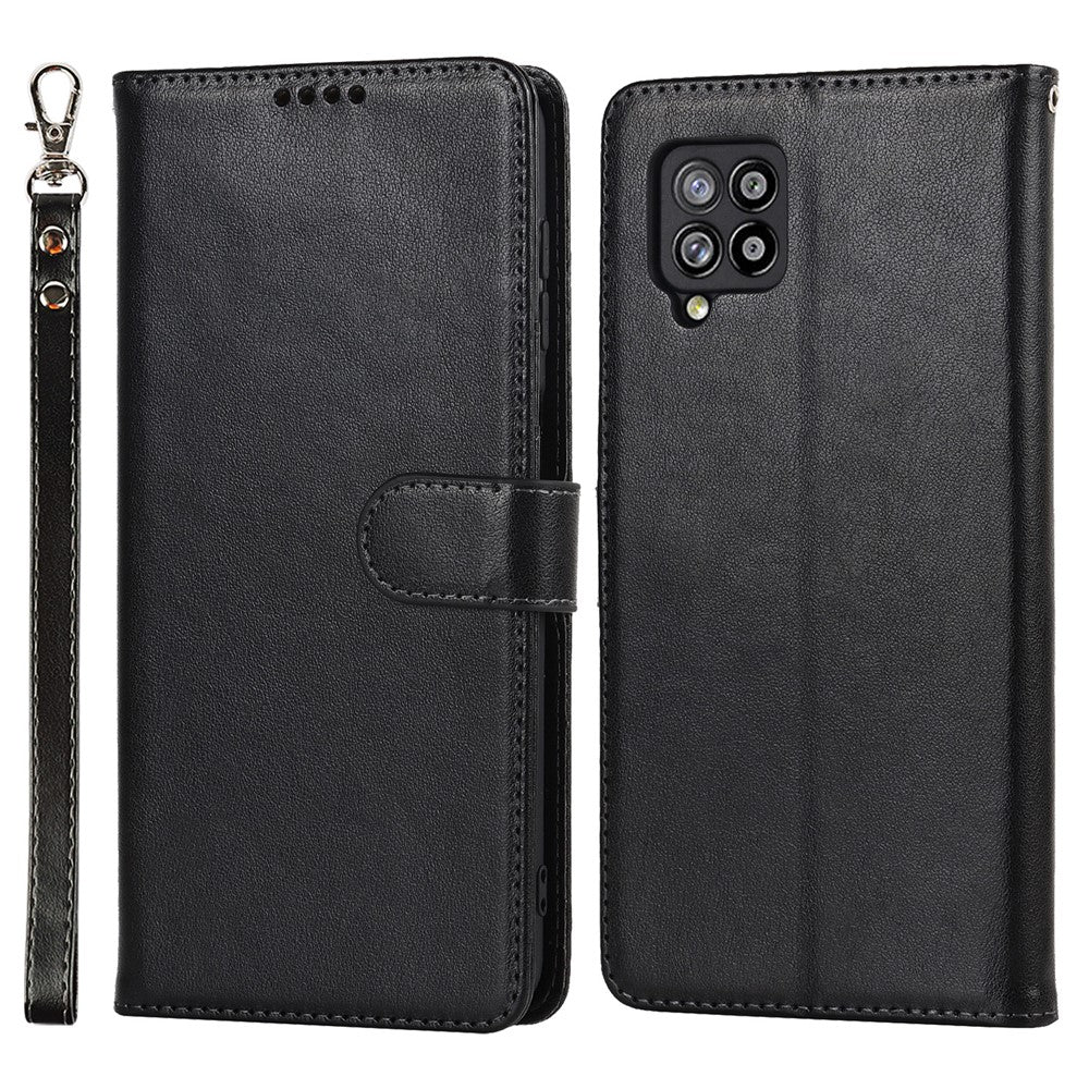 R61 Plånboksfodral i PU-läder med textur och sömmar + invändigt TPU-mobilskydd med rem för Samsung Galaxy A12