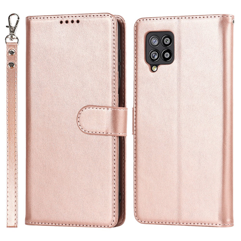 R61 Plånboksfodral i PU-läder med textur och sömmar + invändigt TPU-mobilskydd med rem för Samsung Galaxy A12