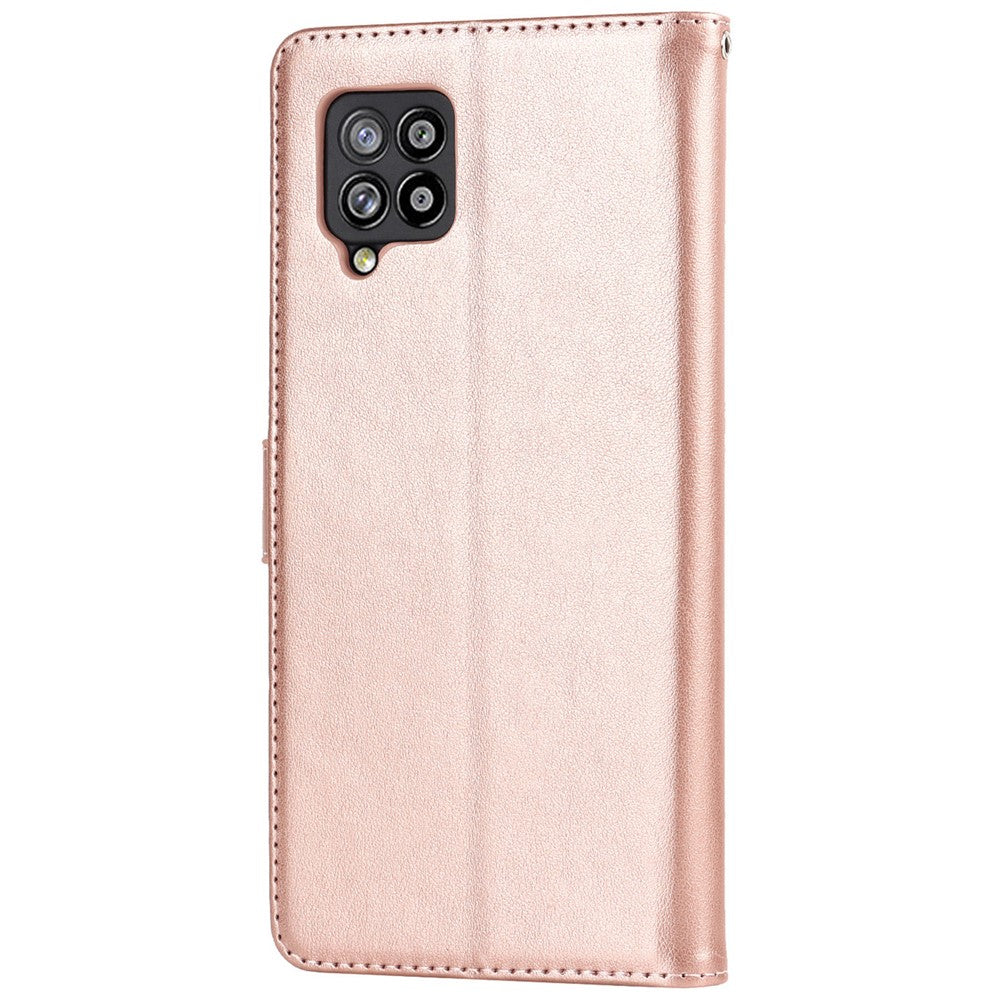 R61 Plånboksfodral i PU-läder med textur och sömmar + invändigt TPU-mobilskydd med rem för Samsung Galaxy A12