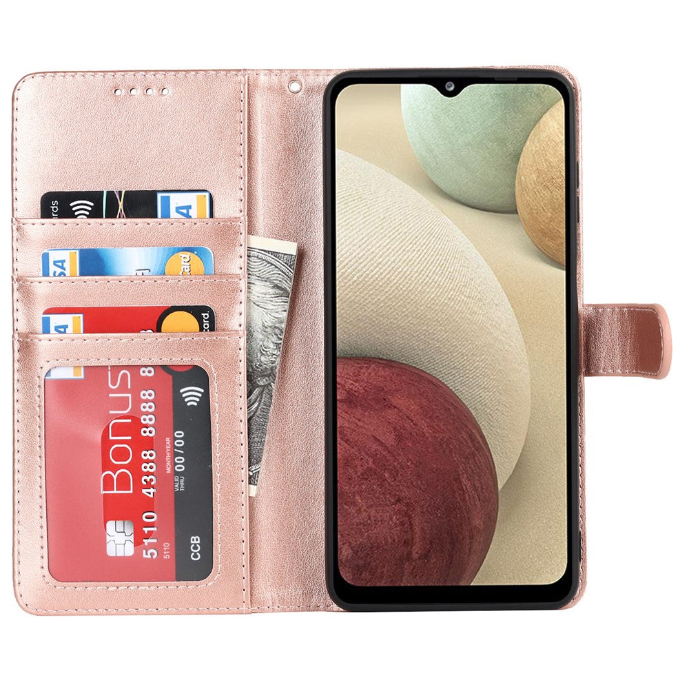 R61 Plånboksfodral i PU-läder med textur och sömmar + invändigt TPU-mobilskydd med rem för Samsung Galaxy A12