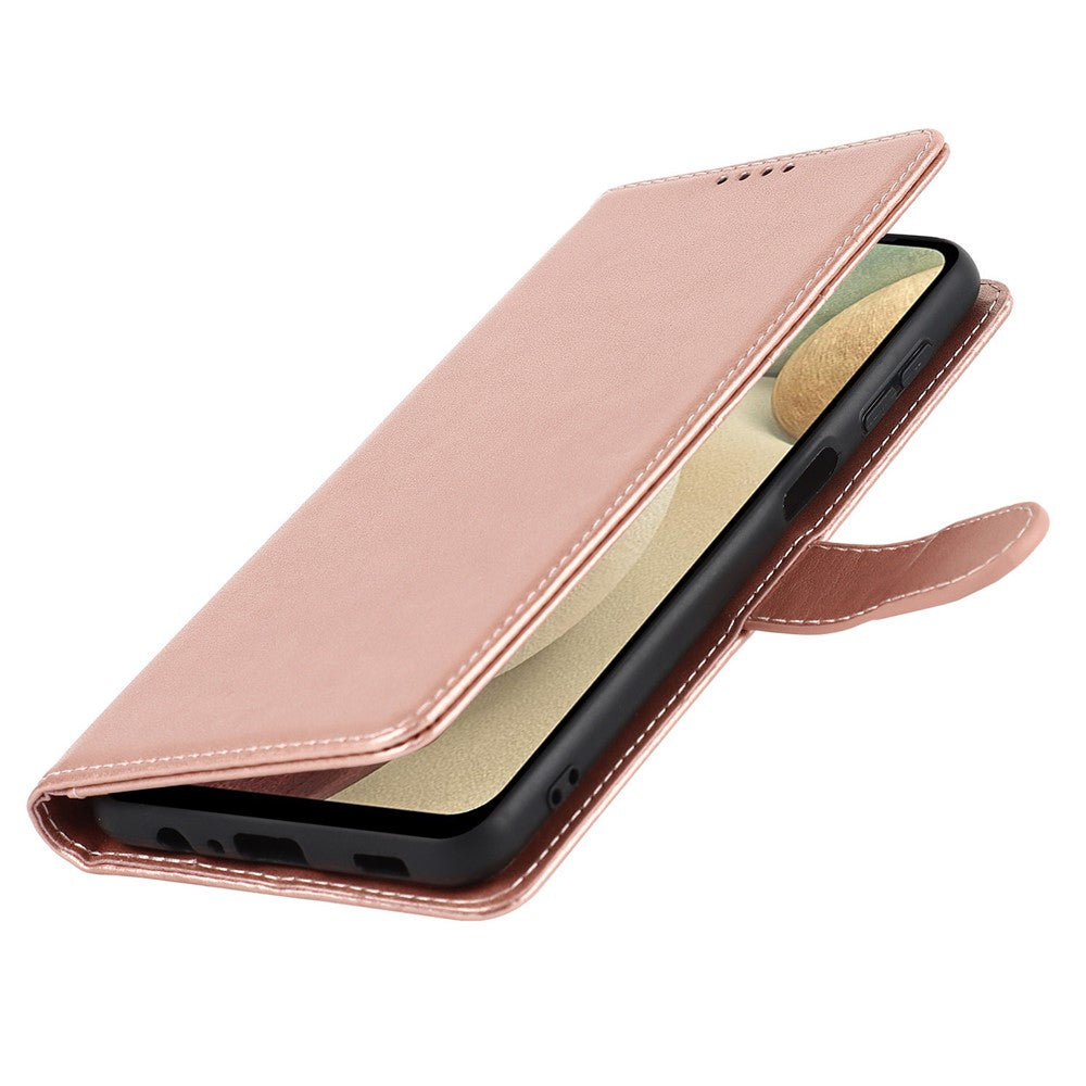 R61 Plånboksfodral i PU-läder med textur och sömmar + invändigt TPU-mobilskydd med rem för Samsung Galaxy A12