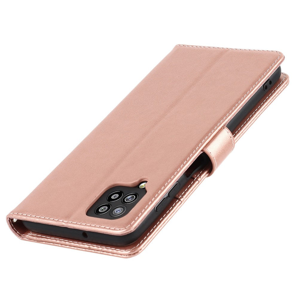 R61 Plånboksfodral i PU-läder med textur och sömmar + invändigt TPU-mobilskydd med rem för Samsung Galaxy A12