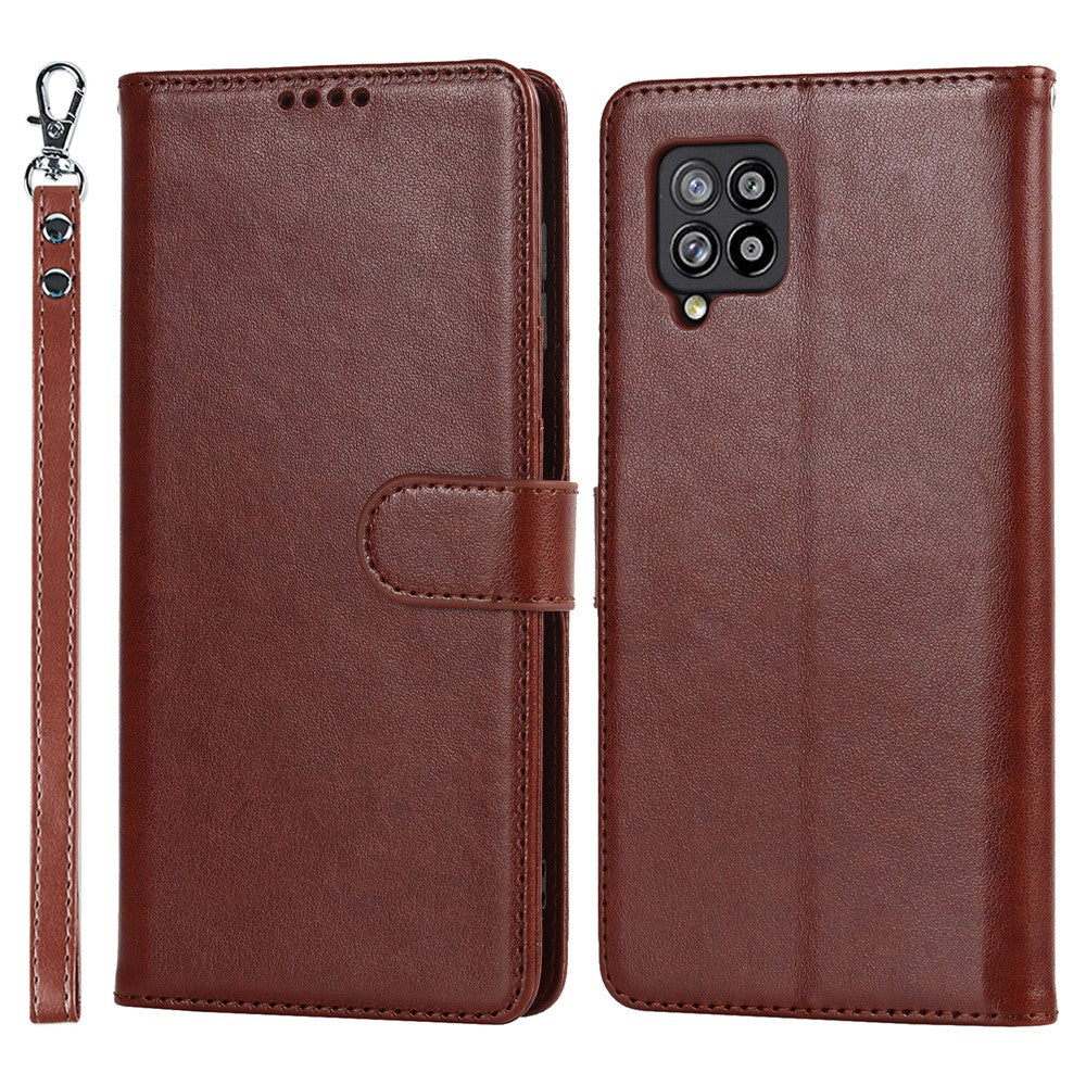 R61 Plånboksfodral i PU-läder med textur och sömmar + invändigt TPU-mobilskydd med rem för Samsung Galaxy A12