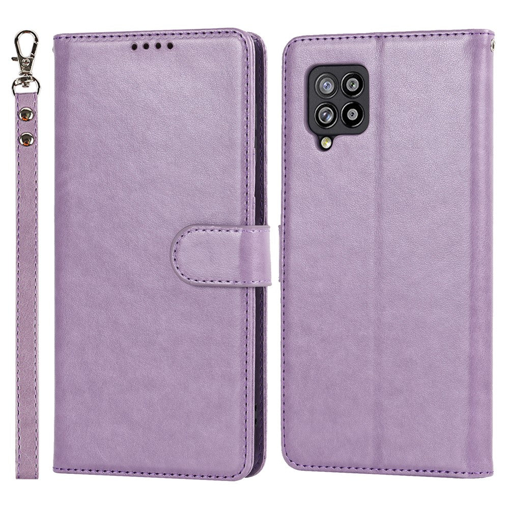 R61 Plånboksfodral i PU-läder med textur och sömmar + invändigt TPU-mobilskydd med rem för Samsung Galaxy A12