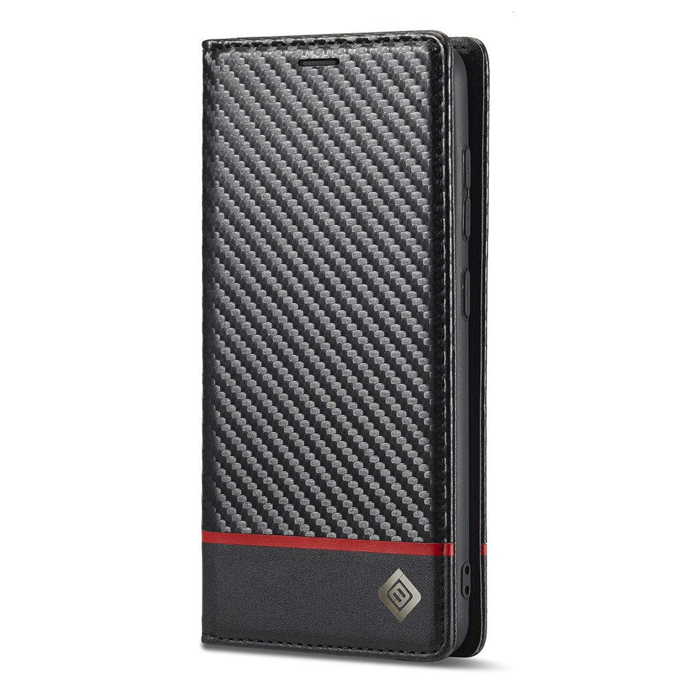 LC.IMEEKE Wallet Stand Design Carbon Fiber Texture Anti-fall Magnetic Auto-absorbed PU Leather Phone Case Cover for Samsung Galaxy S22 5G