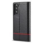 LC.IMEEKE Wallet Stand Design Carbon Fiber Texture Anti-fall Magnetic Auto-absorbed PU Leather Phone Case Cover for Samsung Galaxy S22 5G