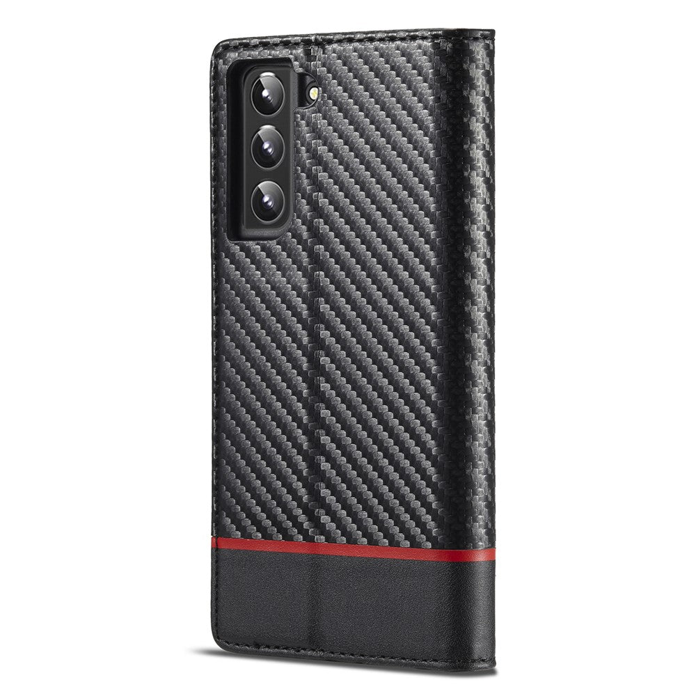 LC.IMEEKE Wallet Stand Design Carbon Fiber Texture Anti-fall Magnetic Auto-absorbed PU Leather Phone Case Cover for Samsung Galaxy S22 5G