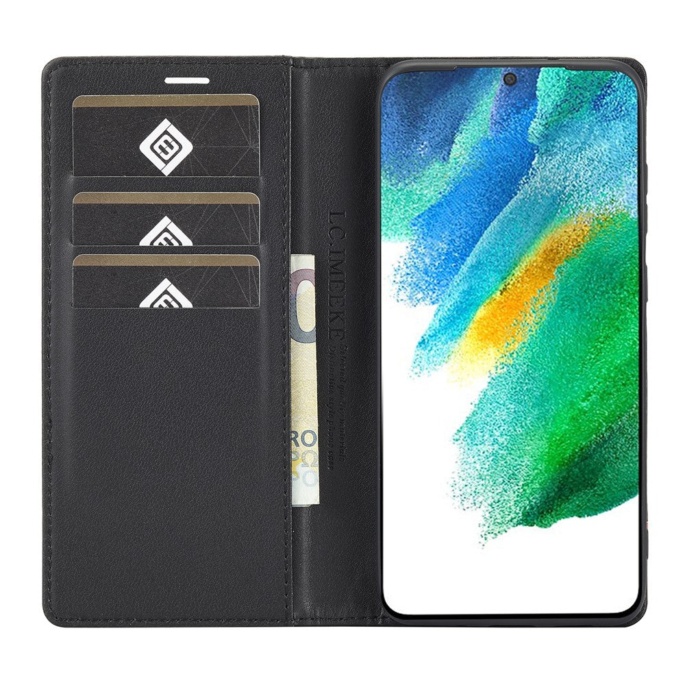 LC.IMEEKE Wallet Stand Design Carbon Fiber Texture Anti-fall Magnetic Auto-absorbed PU Leather Phone Case Cover for Samsung Galaxy S22 5G