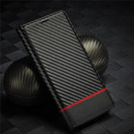 LC.IMEEKE Wallet Stand Design Carbon Fiber Texture Anti-fall Magnetic Auto-absorbed PU Leather Phone Case Cover for Samsung Galaxy S22 5G
