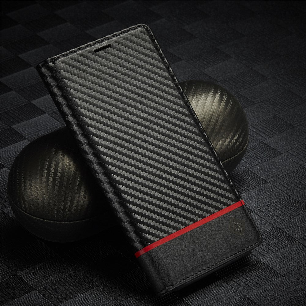 LC.IMEEKE Wallet Stand Design Carbon Fiber Texture Anti-fall Magnetic Auto-absorbed PU Leather Phone Case Cover for Samsung Galaxy S22 5G