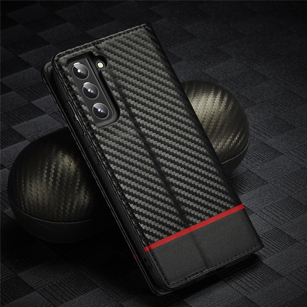 LC.IMEEKE Wallet Stand Design Carbon Fiber Texture Anti-fall Magnetic Auto-absorbed PU Leather Phone Case Cover for Samsung Galaxy S22 5G