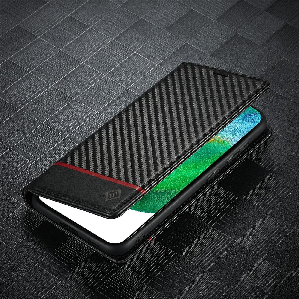 LC.IMEEKE Wallet Stand Design Carbon Fiber Texture Anti-fall Magnetic Auto-absorbed PU Leather Phone Case Cover for Samsung Galaxy S22 5G