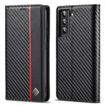 LC.IMEEKE Wallet Stand Design Carbon Fiber Texture Anti-fall Magnetic Auto-absorbed PU Leather Phone Case Cover for Samsung Galaxy S22 5G