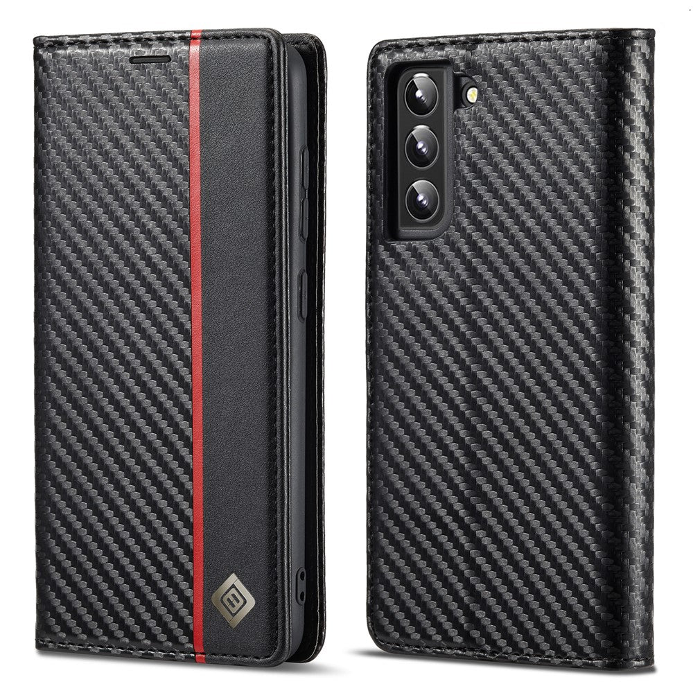 LC.IMEEKE Wallet Stand Design Carbon Fiber Texture Anti-fall Magnetic Auto-absorbed PU Leather Phone Case Cover for Samsung Galaxy S22 5G