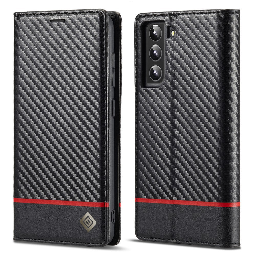 LC.IMEEKE Wallet Stand Design Anti-scratch Carbon Fiber Texture Magnetic Auto-absorbed Folio Flip PU Leather Phone Case Cover for Samsung Galaxy S22+ 5G
