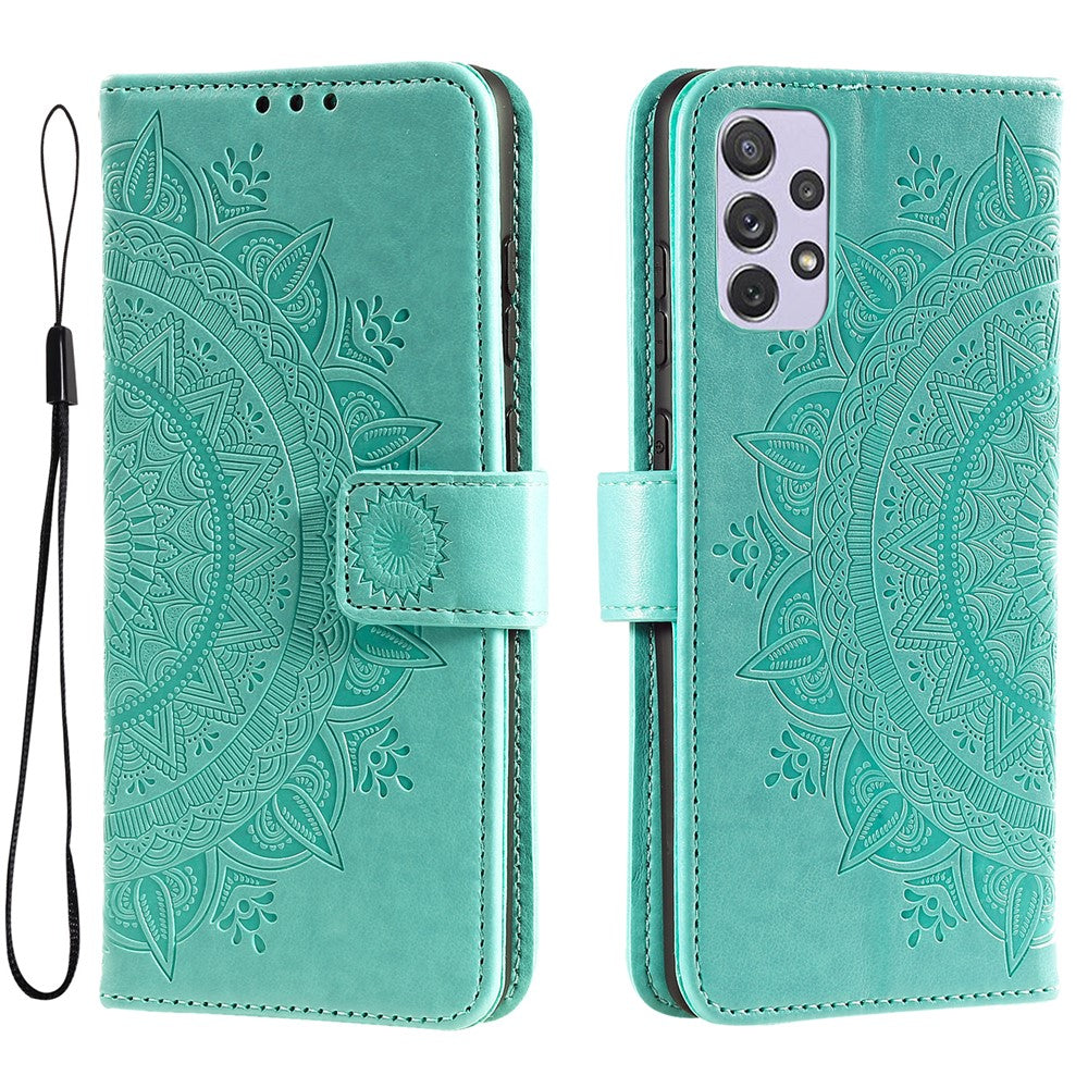 Imprinted Mandala Flower Stand Wallet Function PU Leather Phone Folio Flip Cover Case with Strap for Samsung Galaxy A73 5G