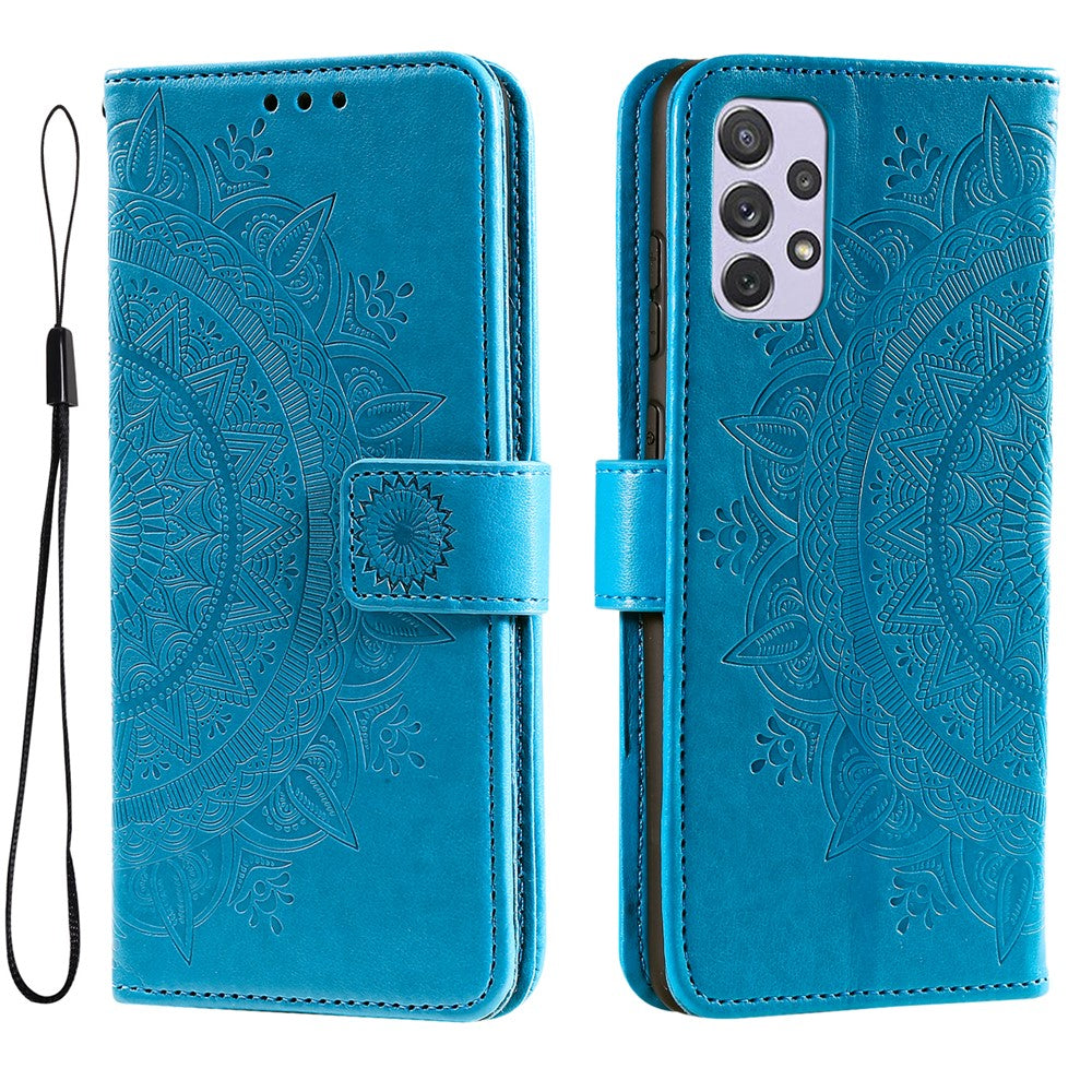 Imprinted Mandala Flower Stand Wallet Function PU Leather Phone Folio Flip Cover Case with Strap for Samsung Galaxy A73 5G