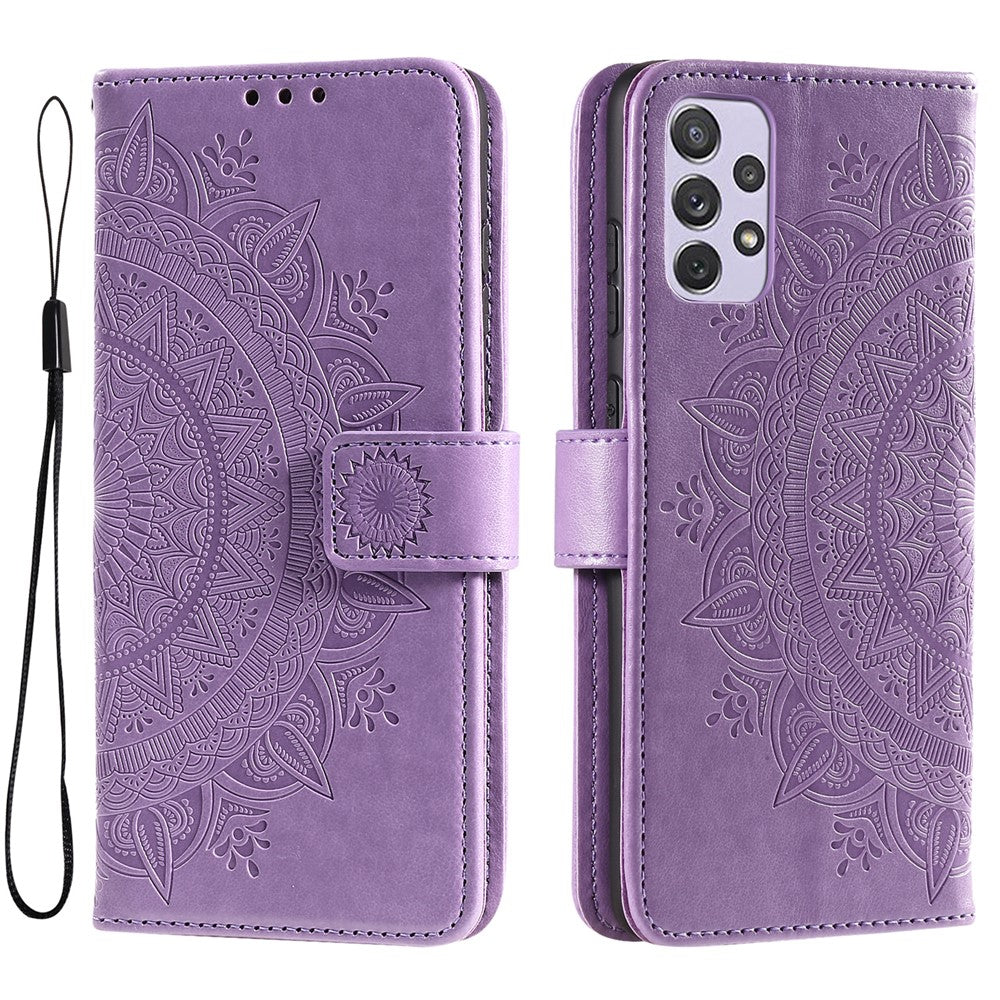 Imprinted Mandala Flower Stand Wallet Function PU Leather Phone Folio Flip Cover Case with Strap for Samsung Galaxy A73 5G