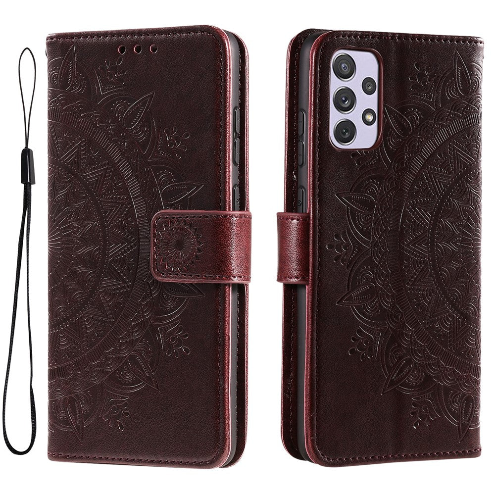 Imprinted Mandala Flower Stand Wallet Function PU Leather Phone Folio Flip Cover Case with Strap for Samsung Galaxy A73 5G
