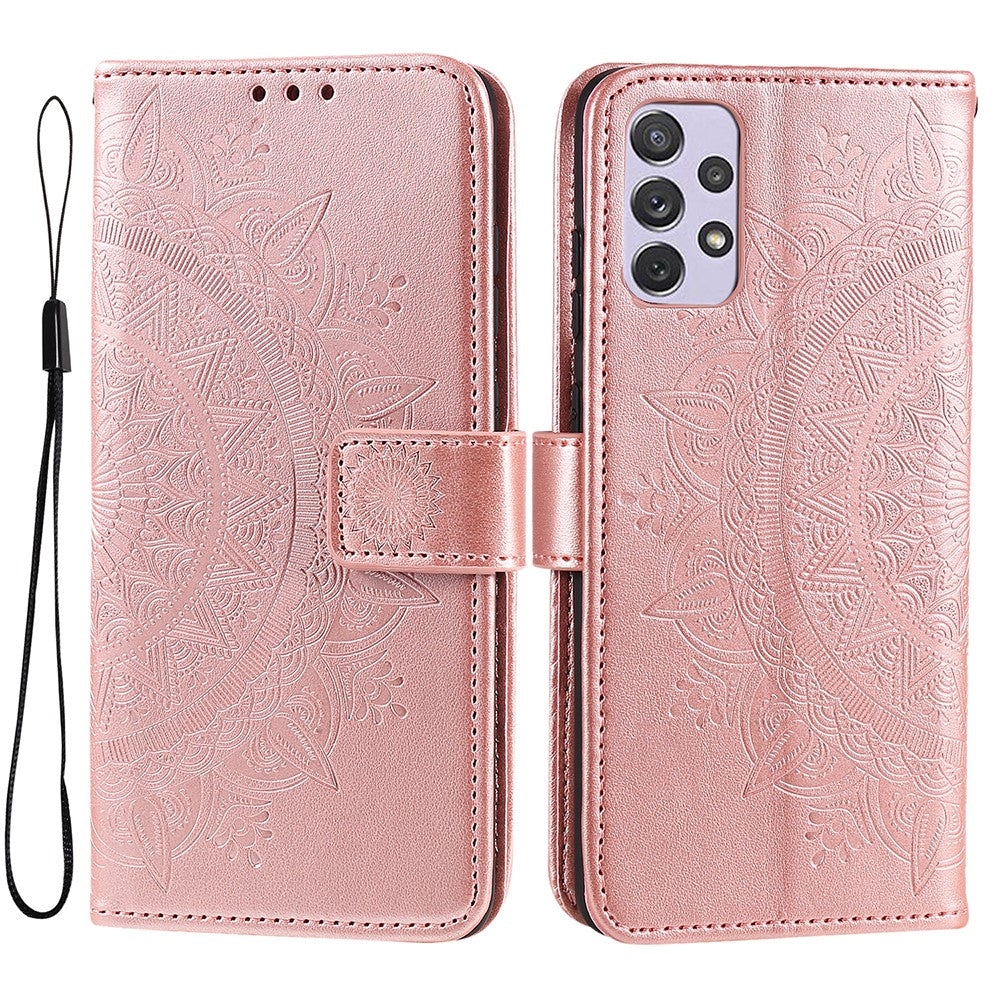 Imprinted Mandala Flower Stand Wallet Function PU Leather Phone Folio Flip Cover Case with Strap for Samsung Galaxy A73 5G