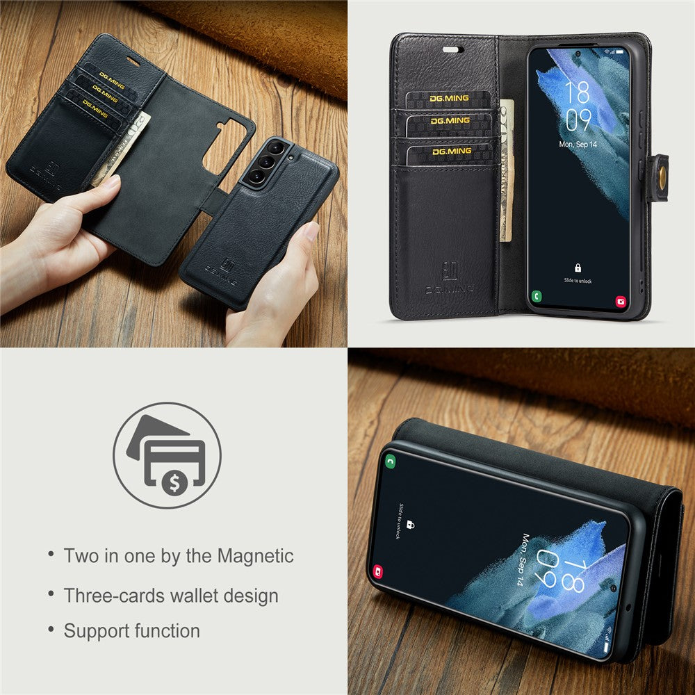 DG.MING För Samsung Galaxy S22 5G Avtagbart 2-i-1 Delat Läder Fullt Skyddande Plånboksfodral TPU Innerskal - Blå