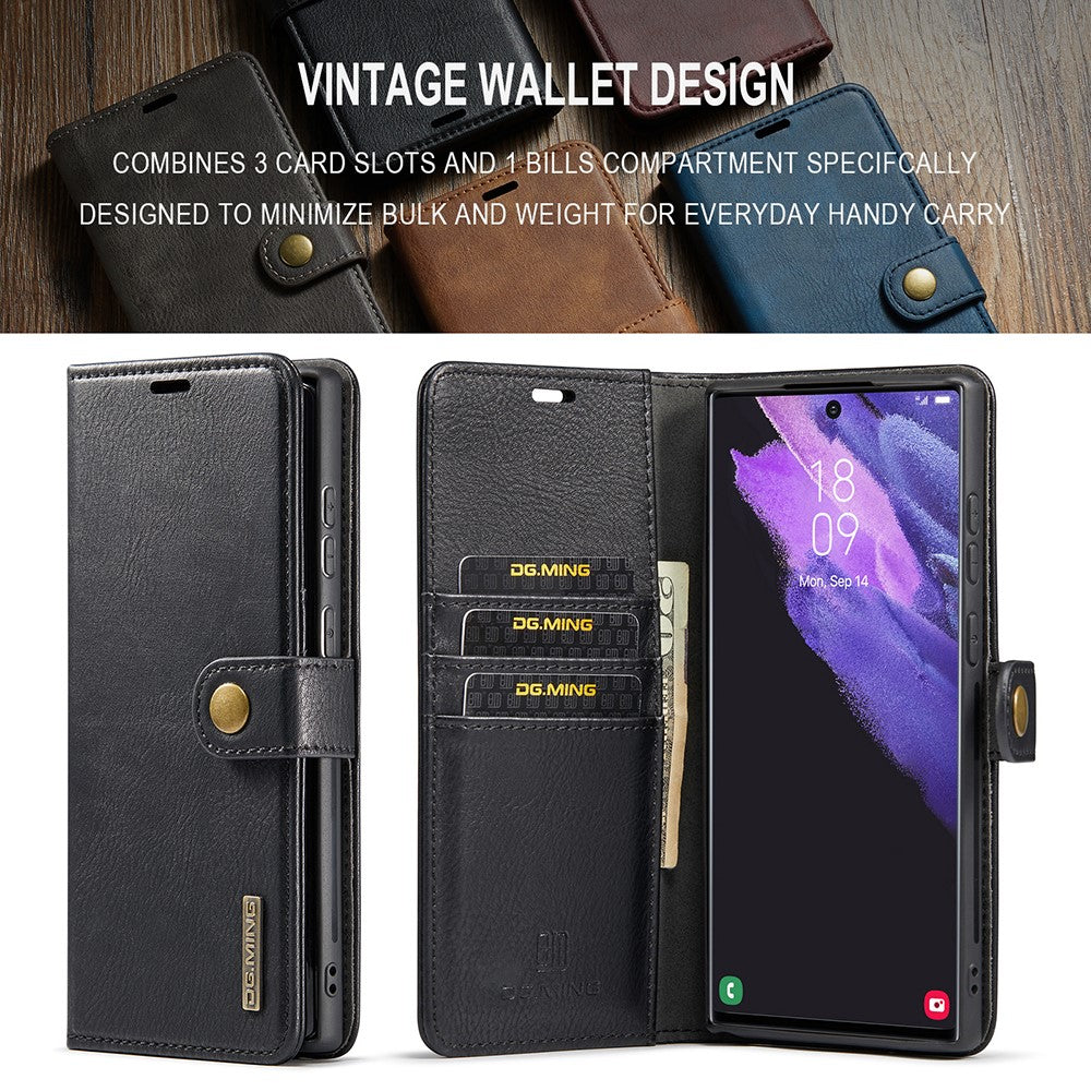 DG.MING Split Leather Case for Samsung Galaxy S22 Ultra 5G Detachable 2-in-1 Wallet Phone Cover with Stand