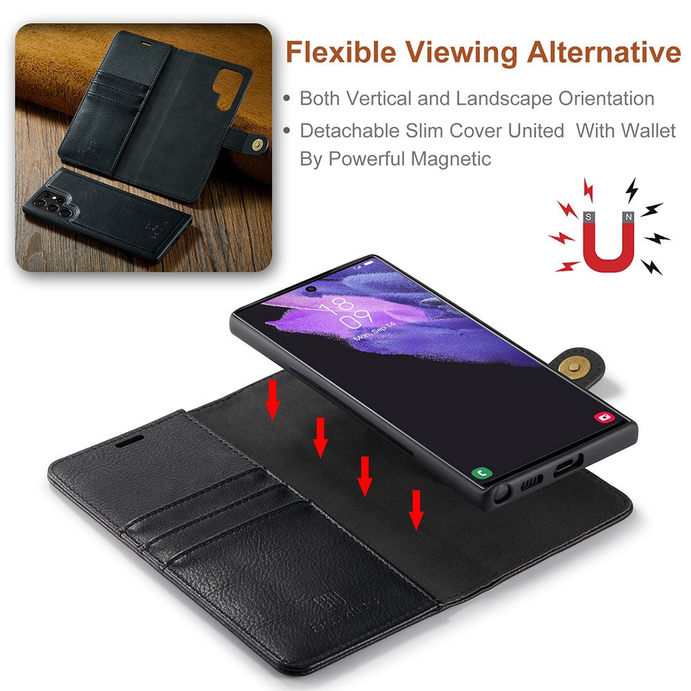 DG.MING Split Leather Case for Samsung Galaxy S22 Ultra 5G Detachable 2-in-1 Wallet Phone Cover with Stand
