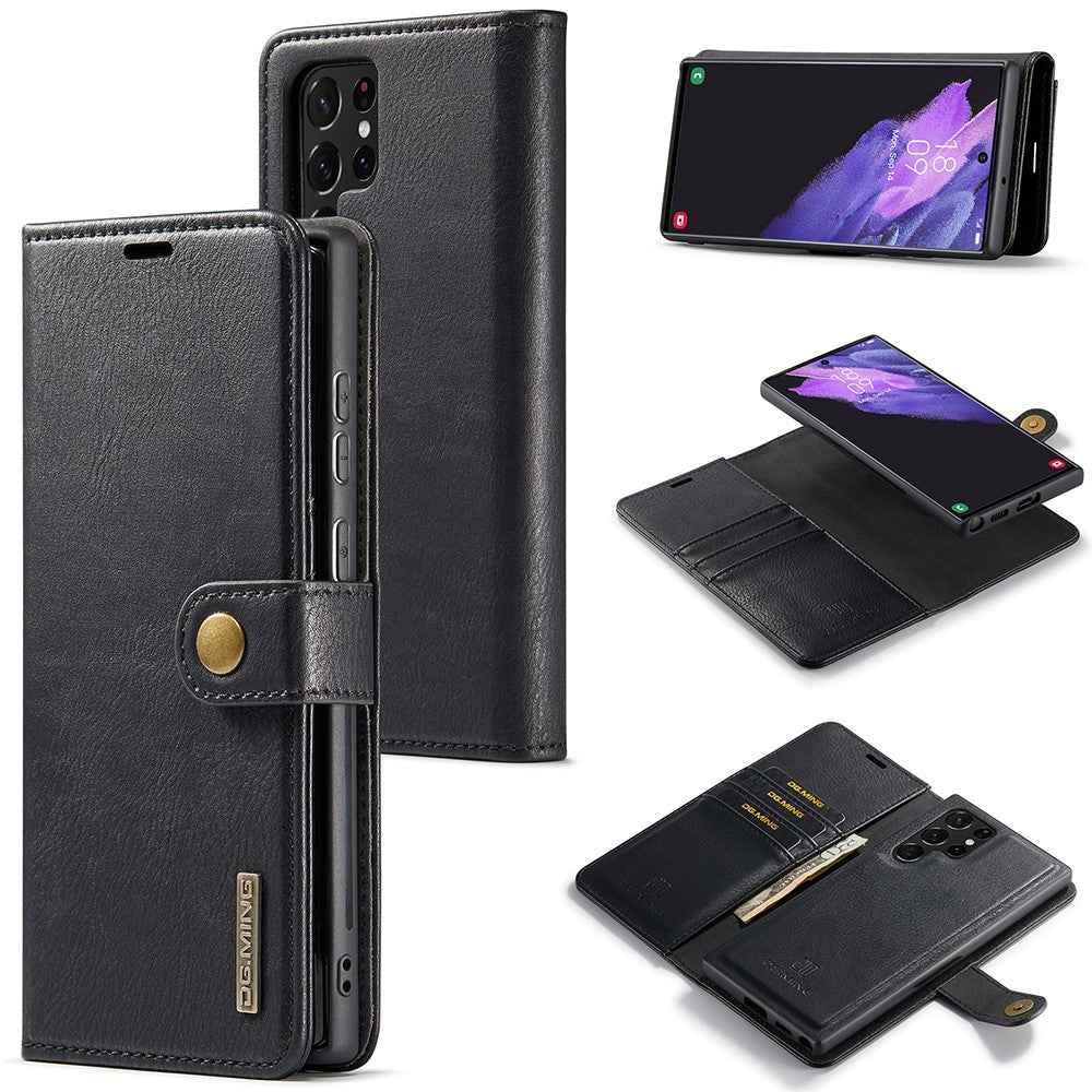 DG.MING Split Leather Case for Samsung Galaxy S22 Ultra 5G Detachable 2-in-1 Wallet Phone Cover with Stand