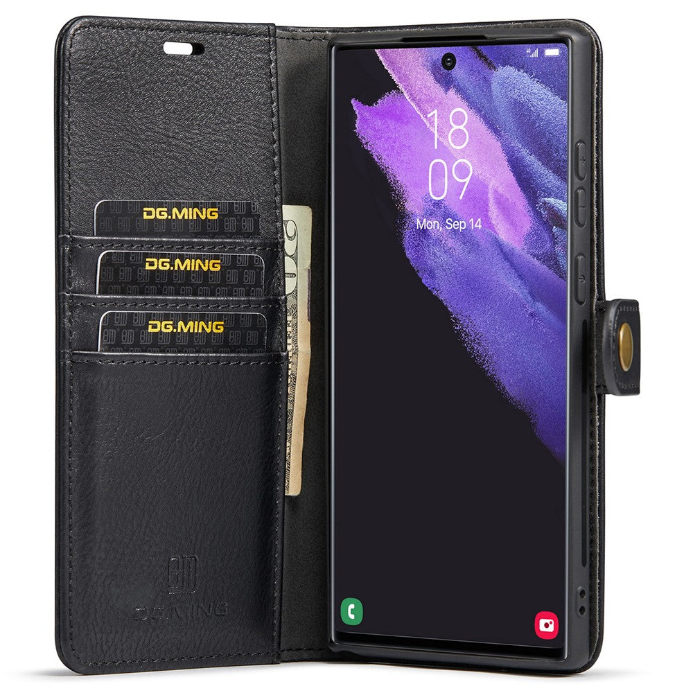 DG.MING Split Leather Case for Samsung Galaxy S22 Ultra 5G Detachable 2-in-1 Wallet Phone Cover with Stand
