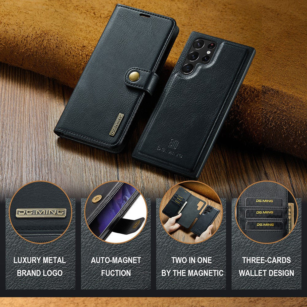 DG.MING Split Leather Case for Samsung Galaxy S22 Ultra 5G Detachable 2-in-1 Wallet Phone Cover with Stand