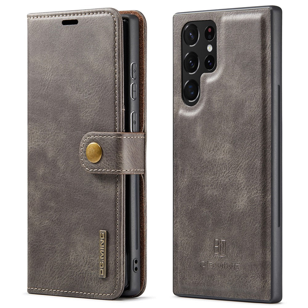 DG.MING Split Leather Case for Samsung Galaxy S22 Ultra 5G Detachable 2-in-1 Wallet Phone Cover with Stand