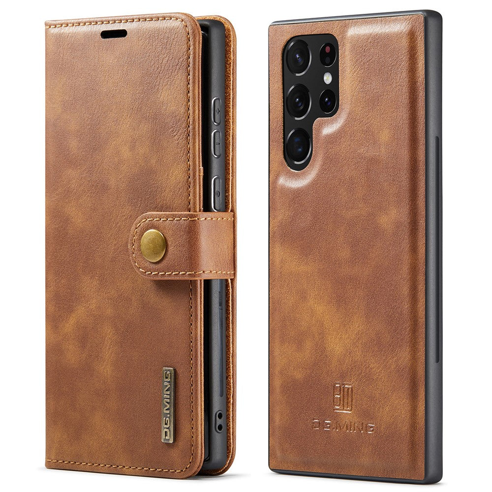 DG.MING Split Leather Case for Samsung Galaxy S22 Ultra 5G Detachable 2-in-1 Wallet Phone Cover with Stand