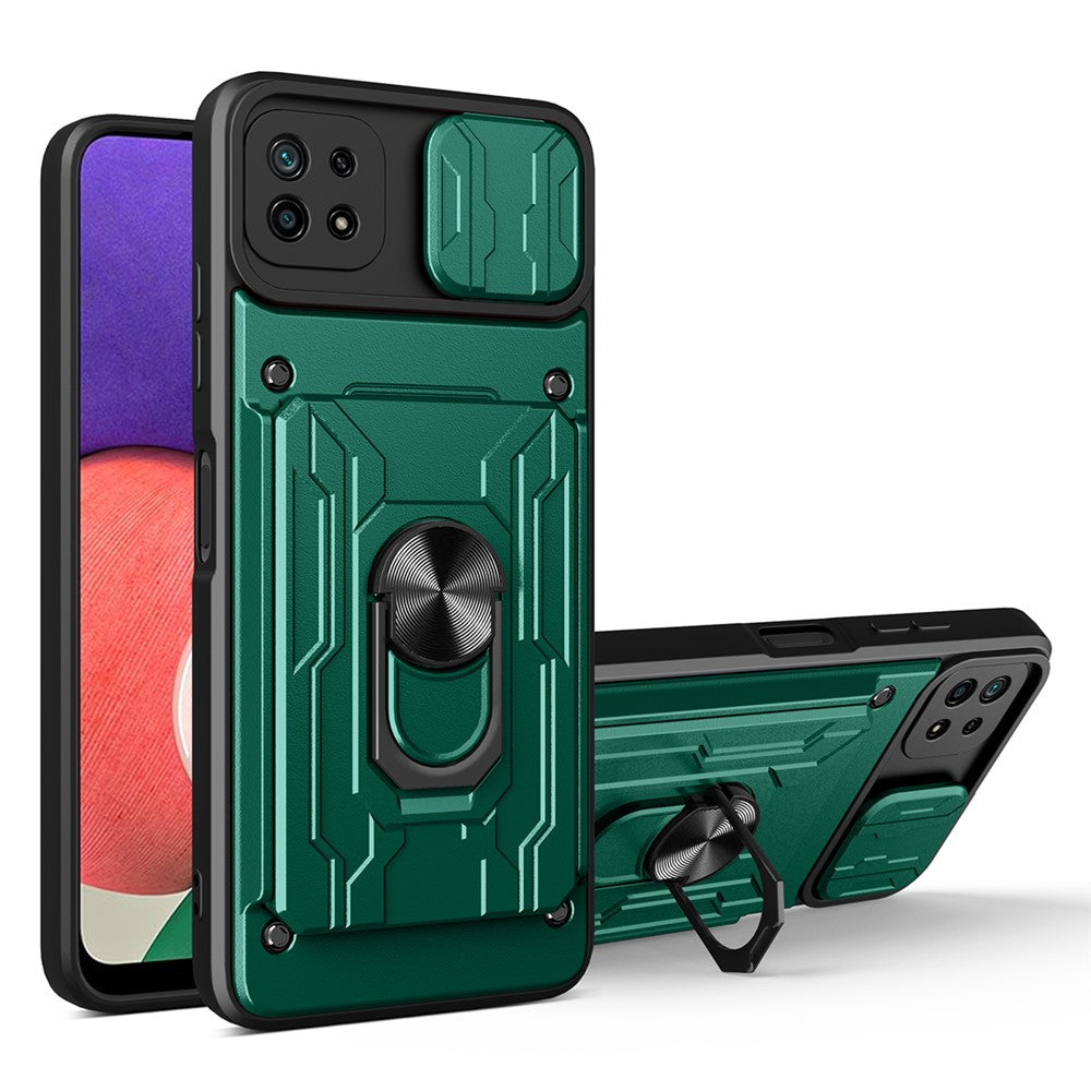 Stativ Hård PC Blød TPU Stødsikkert Telefoncover med Kortlomme og Skydbart Kameralåg til Samsung Galaxy A22 5G (EU Version)