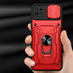 Stativ Hård PC Blød TPU Stødsikkert Telefoncover med Kortlomme og Skydbart Kameralåg til Samsung Galaxy A22 5G (EU Version)