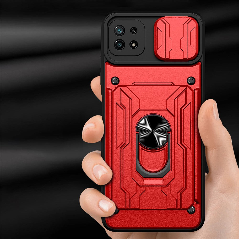 Stativ Hård PC Blød TPU Stødsikkert Telefoncover med Kortlomme og Skydbart Kameralåg til Samsung Galaxy A22 5G (EU Version)